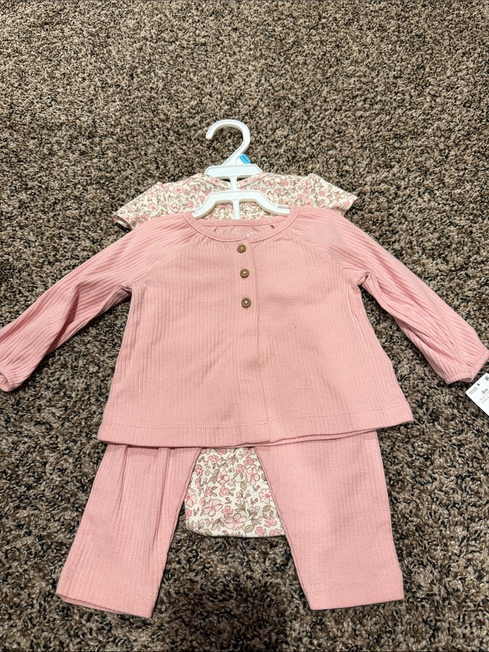 Girls Pink 2-Piece Ribbed Pajama Set with Floral Bodysuit
